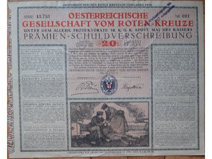 RAKOUSKO. Oesterreichische Gesellschaft vom roten Kreuze. Prémiový dluhopis na 20 korun. 1916. Čsl. kolek. Č. 13.753/091..