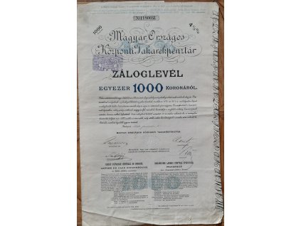 MAĎARSKO. Magyar Országos Központi Takarékpénztár. Záloglevél. 1000 koronáról. 1898.