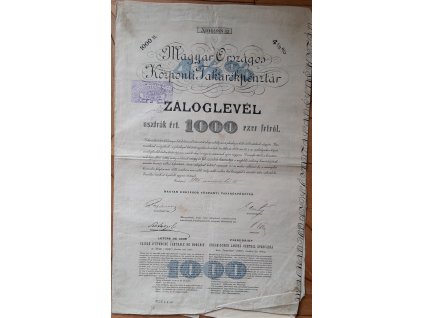 MAĎARSKO. Magyar Országos Központi Takarékpénztár. Záloglevél. 1000 forintról. 1895.