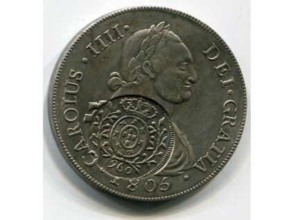 BRAZÍLIE - Minas Gerais. 960 reis 1806 (kontramarka na minci Chile, 8 reales). Replika.