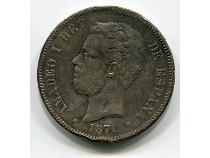 ŠPANĚLSKO. 5 pesetas 1871. Ag.