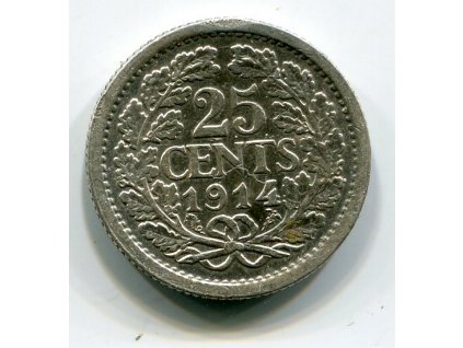 NIZOZEMÍ. 25 cents 1914. Ag. KM-146