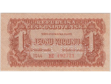 ČESKOSLOVENSKO. 1 koruna 1944. Série BE 492721. Nov. 56.