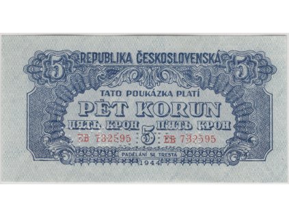 ČESKOSLOVENSKO. 5 korun 1944. Série EB 732595. Nov. 57b.