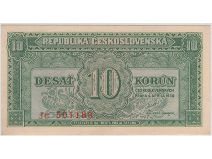 ČESKOSLOVENSKO. 10 korun 1950. Série Jc. Nov. 77b.