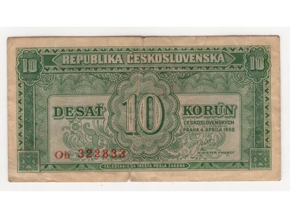 ČESKOSLOVENSKO. 10 korun 1950. Série Ob. Nov. 77b.