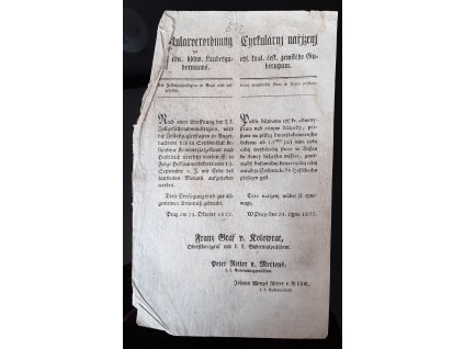 1824.10.24.  Cirkulární nařízení českého zemského gubernia oznamující, že celní vejběreční štace v Angru přestane.