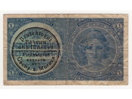 Protektorát Čechy a Morava. 1 koruna (1940/1938). Přetisk strojový. Série A 016. Nov. 29b.