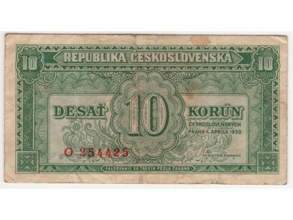 ČESKOSLOVENSKO. 10 korun 1950. Série O. Nov. 77a.