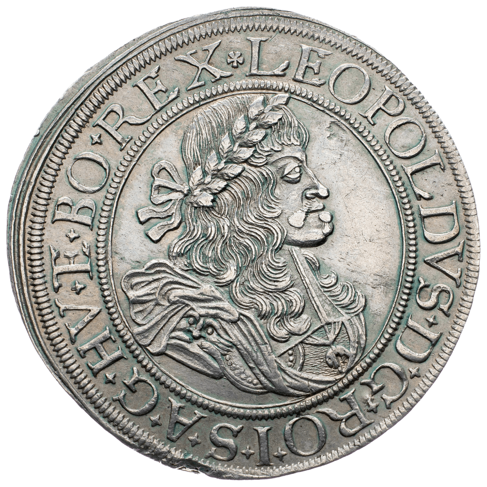 Leopold I. 1/2 tolar 1677 Breslau — avers, výkup mincí Praha Pešek Auctions