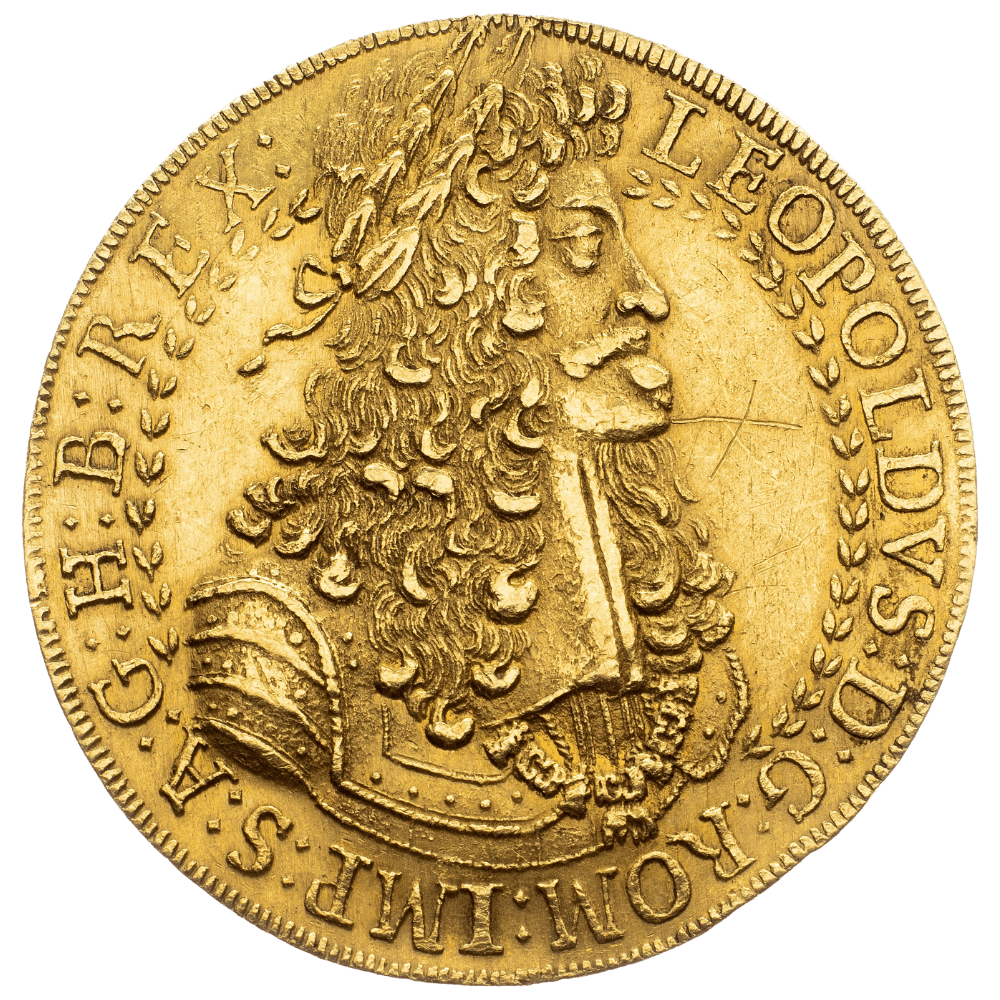 Leopold I. 10 dukátů 1690 Hall — avers, výkup mincí Praha Pešek Auctions