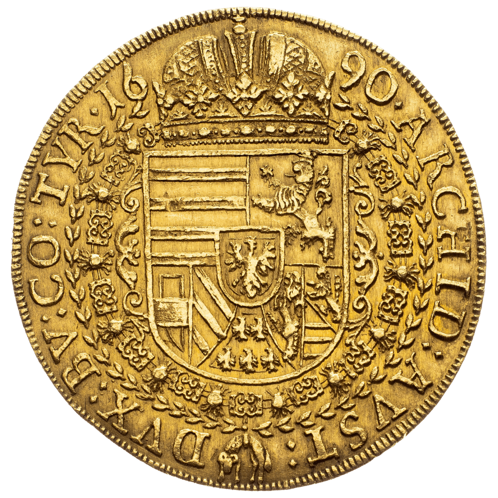 Leopold I. 10 dukátů 1690 Hall — revers, výkup mincí Praha Pešek Auctions