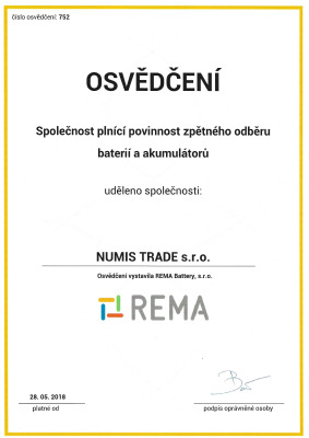 rema-osvedceni-numis-trade-spolecnost-plnici-povinnost-zpetneho-odberu-baterii-akumulatoru