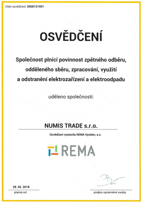 rema-osvedceni-numis-trade-spolecnost-plnici-povinnost-zpetneho-odberu-elektrozarizeni-elektroodpadu