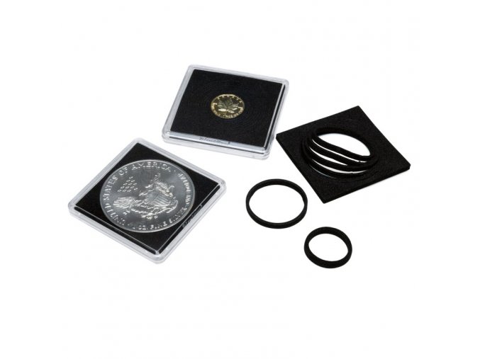 univerzalni quadrum klasicke hranate kapsle na mince o prumeru 16 az 41 mm ctvercove bublinky s cernou vlozkou s nastavitelnym prumerem vyrezu vyndavatelne distancni krouzky leuchtturm 369196