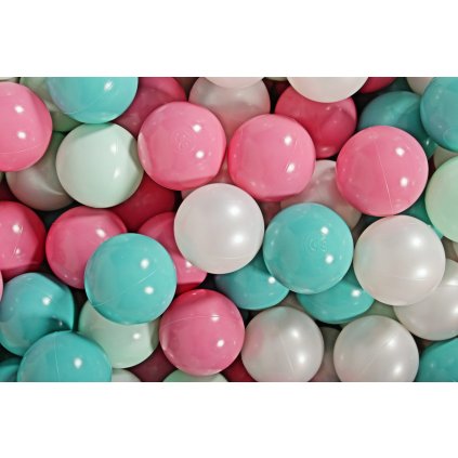 MeowBaby® SADA certifikové plastové loptičky do bazéna Ø7cm mätová, bledoružová, tyrkysová, biela perleťová nunobaby.sk