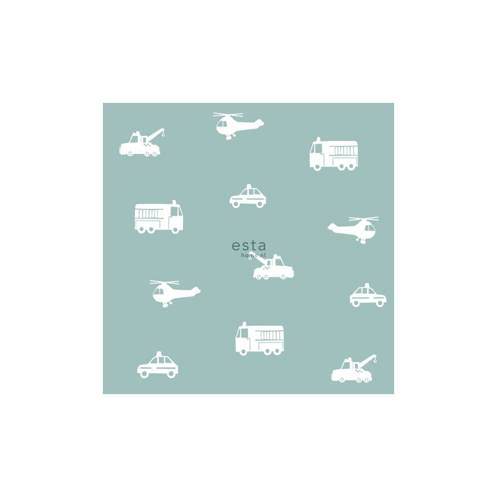 Tapeta Cars, fire trucks, helicopters and cranes grayed vintage blue