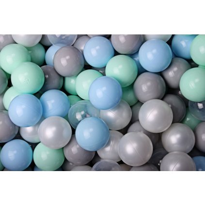 MeowBaby® SADA plastové loptičky do suchého bazéna Ø7cm mätová, bledomodrá, šedá, biela perleťová, transparentná nunobaby.sk