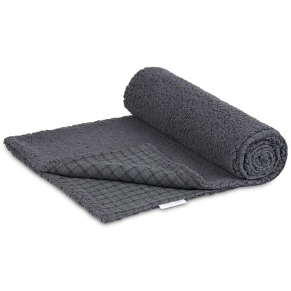 Obojstranná deka mušelín a umelá kožušina grafitová s kockou nunobaby.sk