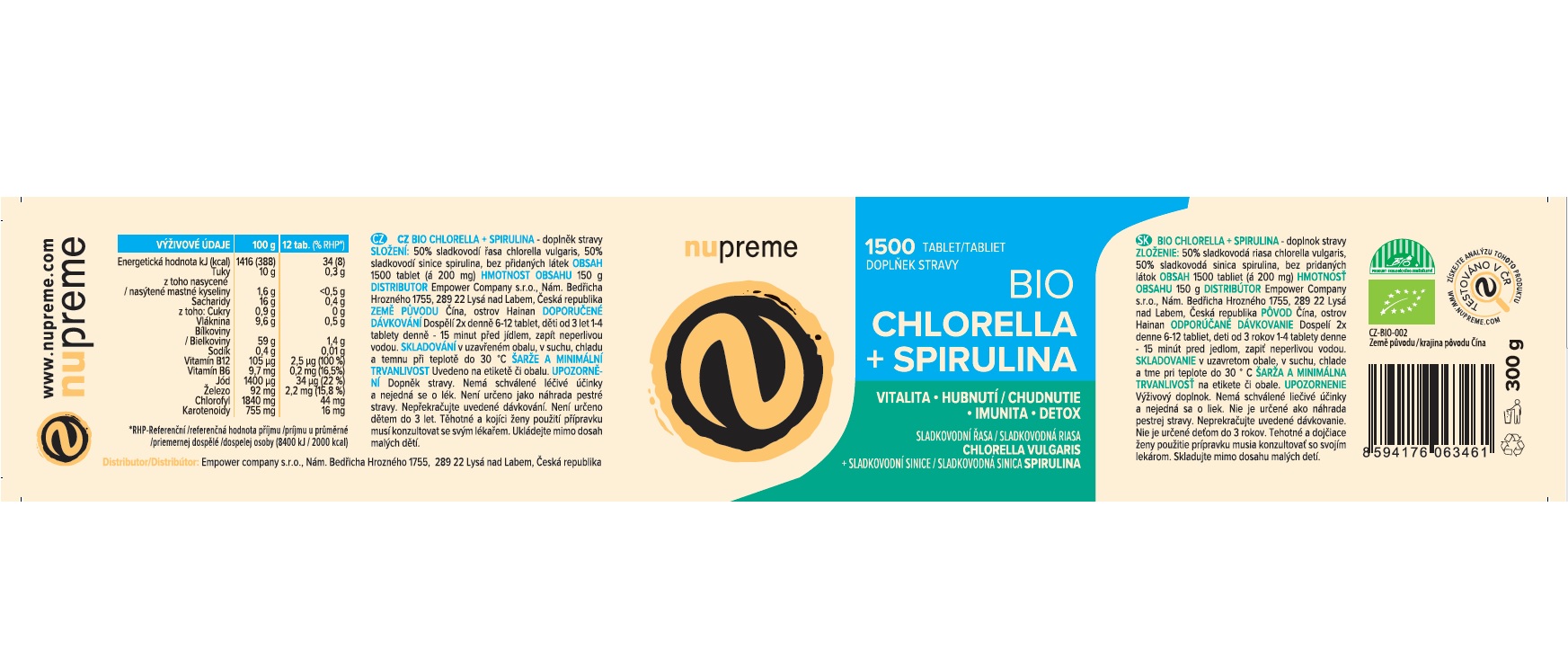 Chlorella + Spirulina 1500 tbl. BIO NUPREME Obrázek