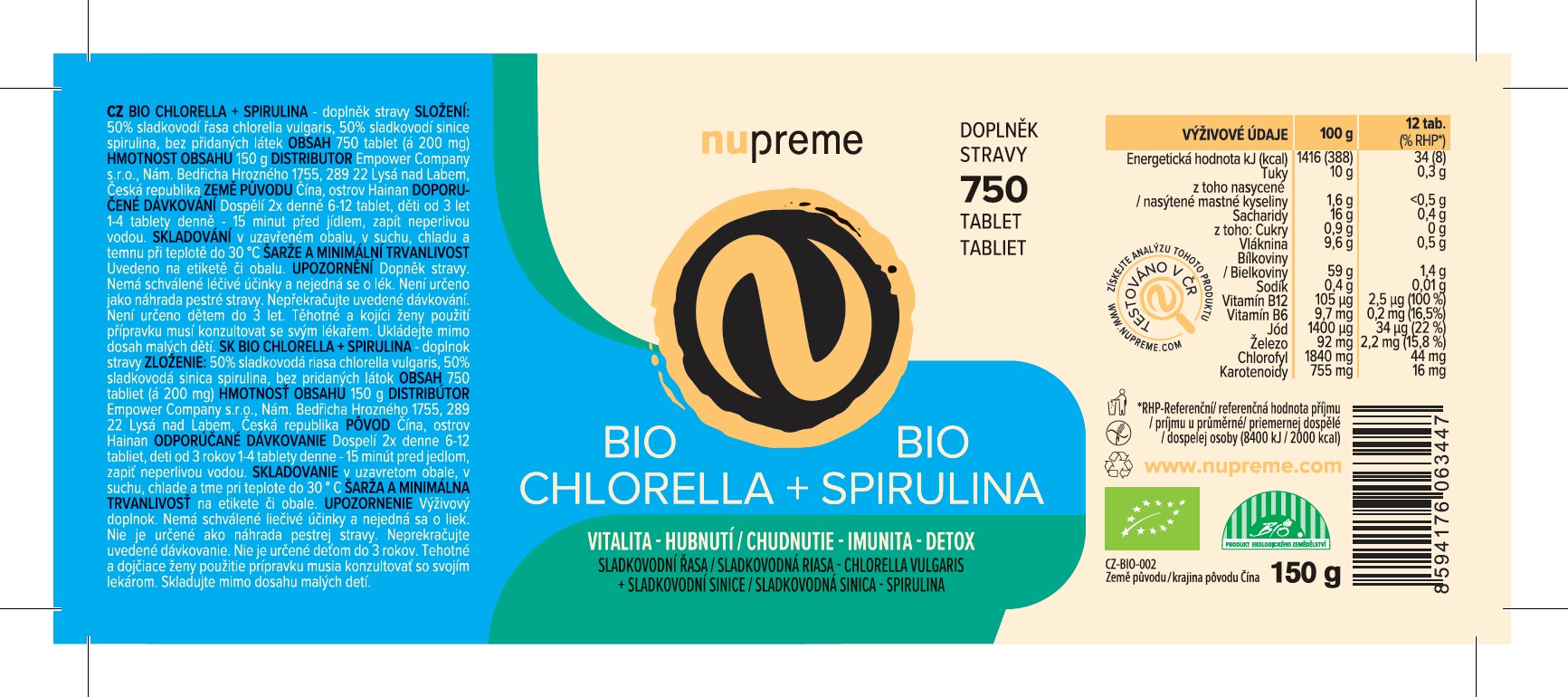 Chlorella + Spirulina 750 tbl. BIO NUPREME Obrázek