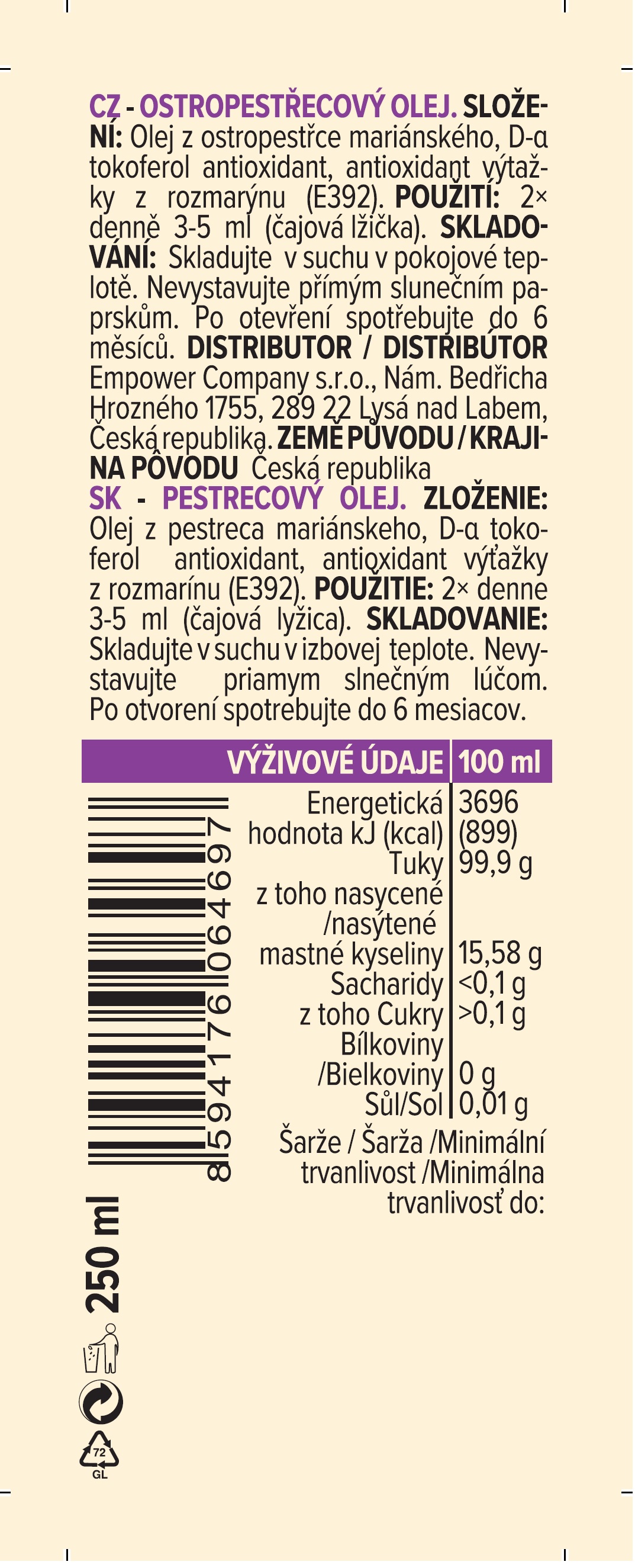 Ostropestřecový olej 250ml NUPREME Obrázek
