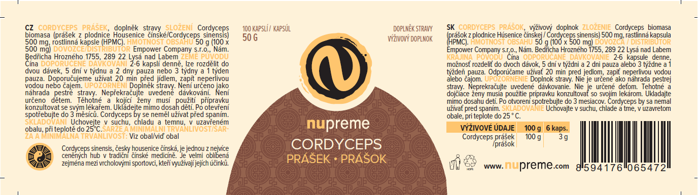 Cordyceps BIOMASA 100 kapslí NUPREME Obrázek