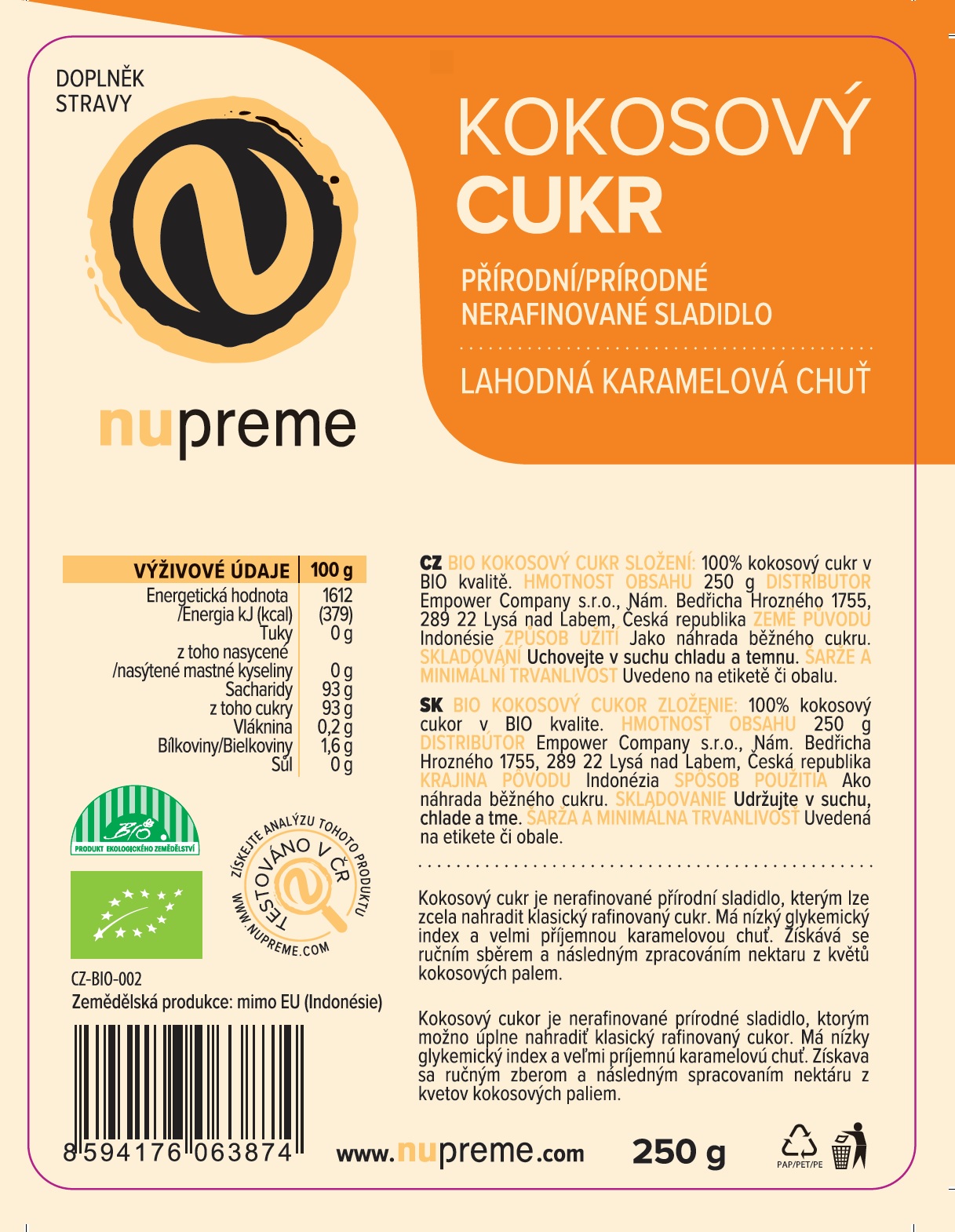 Kokosový cukr 250g BIO NUPREME Obrázek