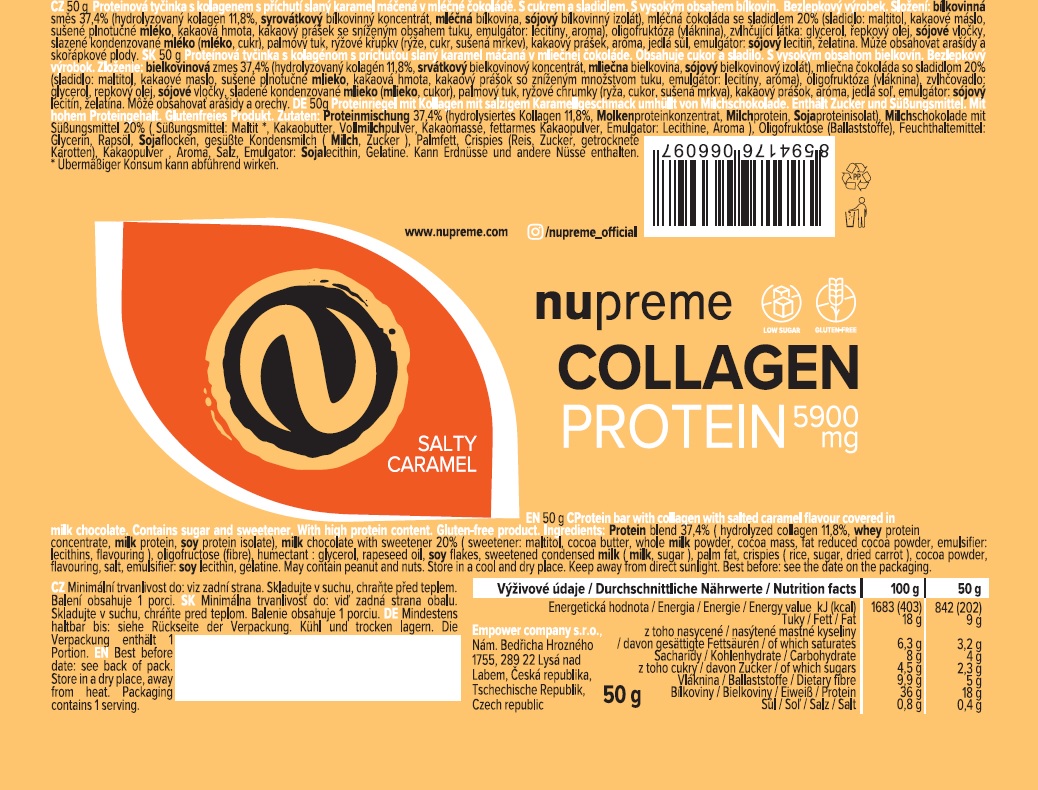 Proteinová tyčinka s kolagenem slaný karamel 50g NUPREME Obrázek