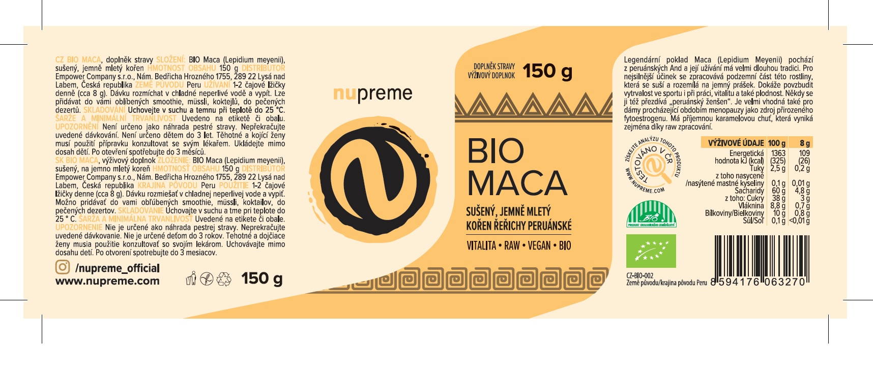 Maca 150g BIO NUPREME Obrázek