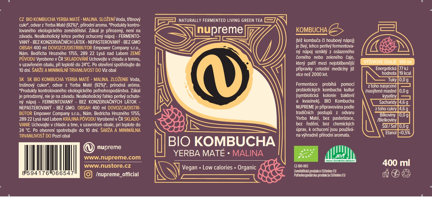 Kombucha Yerba Maté malina 400 ml BIO NUPREME Obrázek