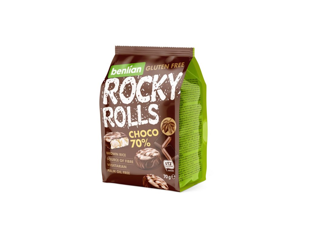 Rýžový snack s čokoládovou polevou ze 70% kakaa Rocky Rolls BENLIAN 70g