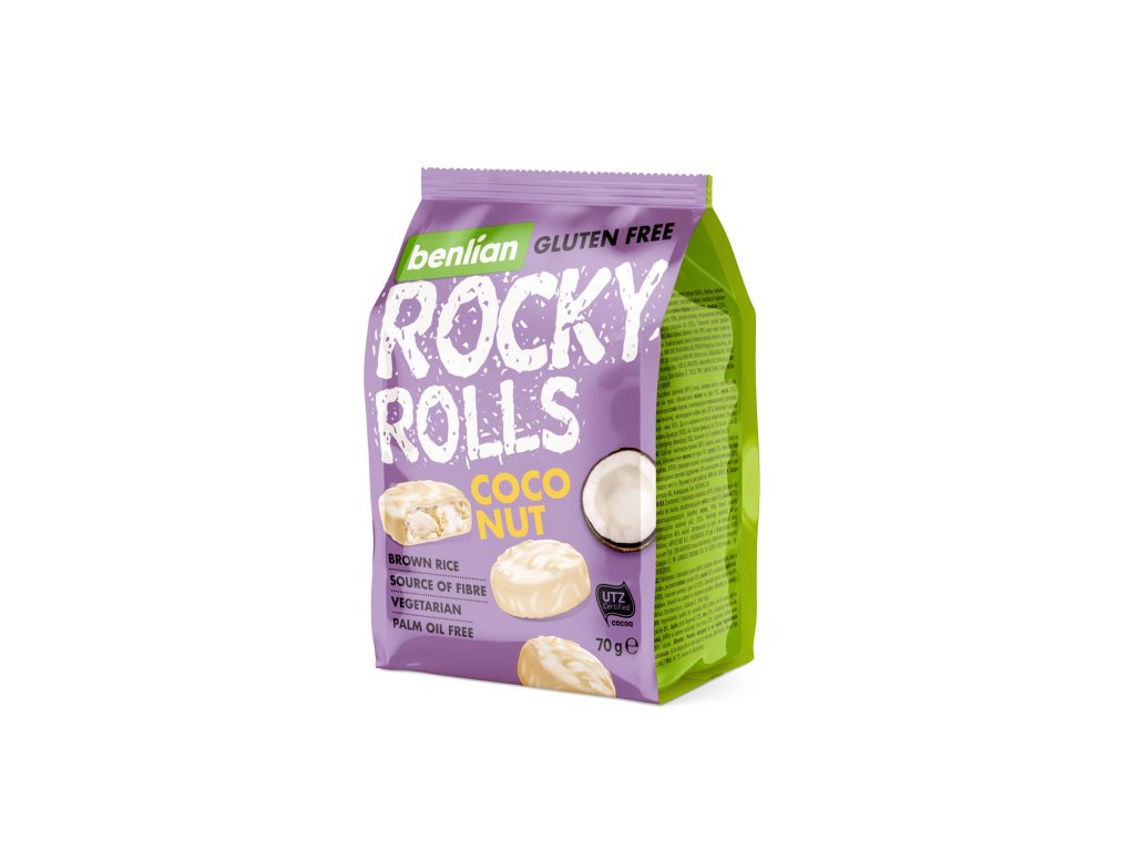 Rýžový snack s mléčnou polevou a příchutí kokosu Rocky Rolls BENLIAN 70g