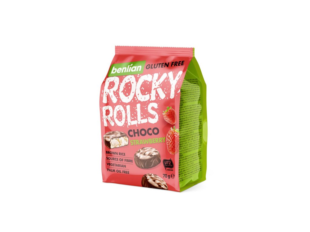 Rýžový snack s čokoládovou polevou a jahodovu příchutí Rocky Rolls BENLIAN 70g