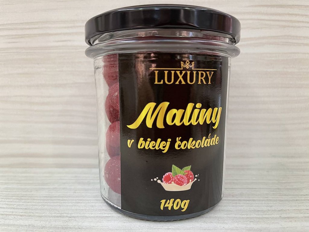 Lyofilizované maliny v bílé čokoládě a malinovém prášku LUXURY 140g