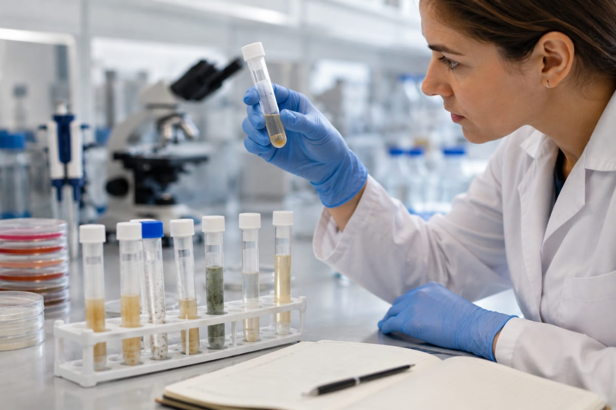 Výzkumník porovnává několik oddělených bakteriálních kultur v laboratoři