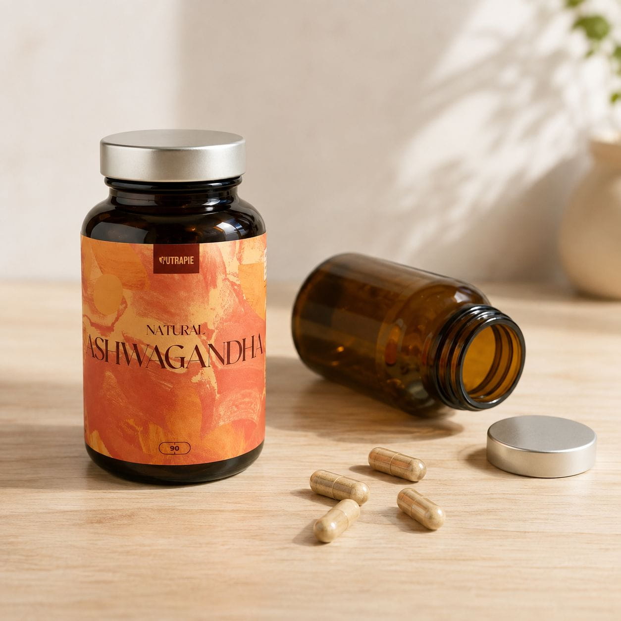 Skleněné balení, hliníkové víčko a produkt Nutrapie