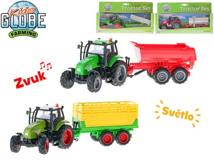 Kids Globe Farming traktor kov 25cm na setrvačník s vlečkou na baterie+světlo/zvuk 4druhy v krabičce