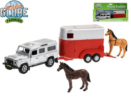 Kids Globe Farming Land Rover Defender kov 14cm zpětný chod s přívěsem pro koně 11cm v krabičce