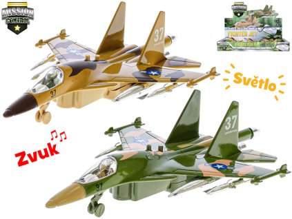 Mission Control letadlo vojenské 19cm kov zpětný chod na baterie + světlo a zvuk 2barvy 6ks v DBX
