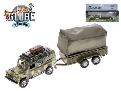 Kids Globe Traffic Land Rover Defender Military 14,5cm kov zpětný chod s přívěsem v krabičce