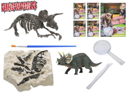 Dinoworld dinosaurus 12cm a zkamenělina v sádře s dlátem, lupou a štětcem 6druhů v krabičce