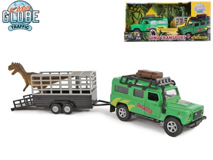 Kids Globe Traffic Land Rover 28cm kov na zpětný chod s přívěsem a dinosaurem v krabičce