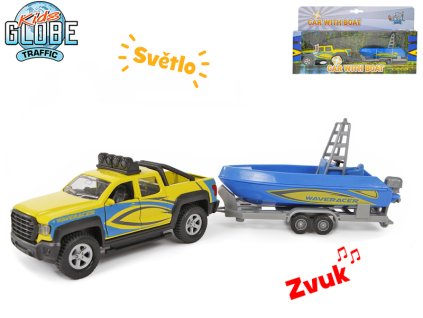 Kids Globe Traffic tahač s lodí kov 27cm zpětný chod na baterie se světlem a zvukem v krabičce