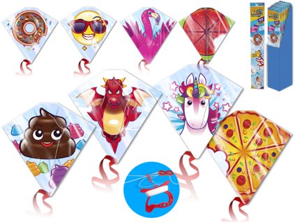 Drak létající různé motivy 59x55cm 8druhů v sáčku 24ks v DBX