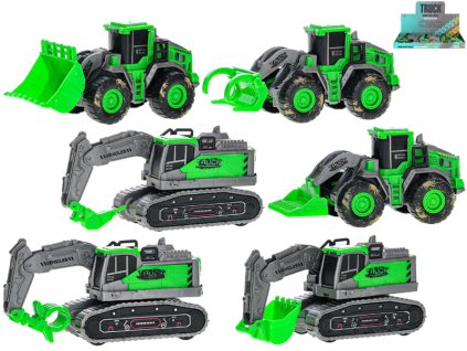Stavební vozidla zelená 11,5cm na setrvačník 9druhů 12ks v DBX
