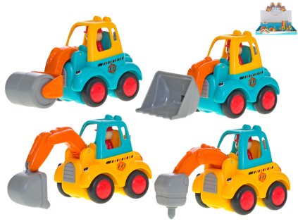 Auto stavební veselé 10cm na setrvačník 4druhy 18m+ 12ks v DBX