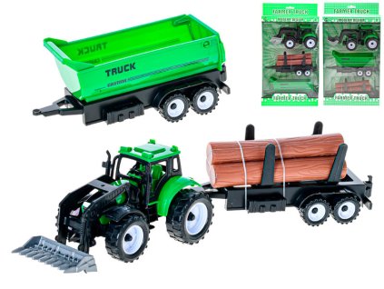 Traktor nakladač 17cm 3druhy na setrvačník + 2vlečky v krabičce