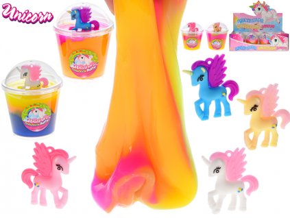 Unicorn hmota duhová v kelímku 9,5x7,5cm s jednorožcem 3barvy 12ks v DBX