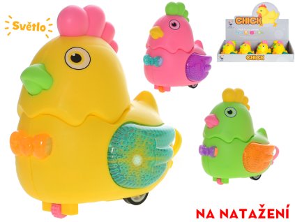 Kuřátko 10cm na baterie jezdící na natažení se světlem 3barvy 12ks v DBX